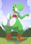 2021 anthro big_butt biped boots butt clothing day digital_media_(artwork) footwear green_yoshi huge_butt komdog looking_at_viewer looking_back looking_back_at_viewer male mario_bros mostly_nude nintendo outside presenting presenting_hindquarters scalie sky solo standing thick_thighs video_games wide_hips yoshi 