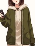  1girl brown_background brown_hair brown_nails cellphone commentary_request drawstring facing_viewer green_jacket head_out_of_frame highres holding holding_phone hood hood_down hoodie jacket kapatarou long_sleeves nail_polish open_clothes open_jacket open_mouth original phone sleeves_past_wrists solo upper_body white_hoodie 