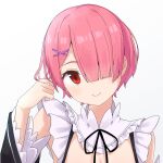  1girl bangs black_sleeves blush breasts cleavage closed_mouth collarbone commentary_request detached_sleeves frills hair_ornament hair_over_one_eye hand_up highres kiona_(giraffe_kiona) looking_at_viewer neck_ribbon pink_hair portrait ram_(re:zero) re:zero_kara_hajimeru_isekai_seikatsu red_eyes ribbon shiny shiny_hair short_hair simple_background smile solo upper_body white_background x_hair_ornament 