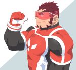  1boy absurdres akashi_(live_a_hero) bara bodysuit facial_hair from_side goatee highres large_pectorals live_a_hero long_sideburns male_focus mature_male multicolored_hair muscular muscular_male pink_hair pointing pointing_at_self red_bodysuit red_eyes red_hair ruizu_(takakisan503) short_hair skin_tight smile solo streaked_hair thick_eyebrows upper_body 