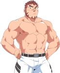  1boy akashi_(live_a_hero) alternate_costume bara bulge gradient_hair hands_on_hips highres large_pectorals live_a_hero looking_at_viewer male_focus multicolored_hair muscular muscular_male pectorals pout red_eyes red_hair ruizu_(takakisan503) shirtless short_hair sideburns simple_background solo thick_eyebrows thick_thighs thighs white_background 
