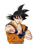  1boy black_eyes black_hair dragon_ball dragon_ball_z fighting_stance looking_to_the_side male_focus medium_hair muscular muscular_male own_hands_together smile solo son_goku spiked_hair tarutobi upper_body white_background 