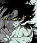  1boy anger_vein angry black_eyes black_hair broly_(dragon_ball_super) dragon_ball dragon_ball_super dragon_ball_super_broly glowing glowing_eyes highres large_pectorals male_cleavage male_focus muscular muscular_male scar scar_on_cheek scar_on_chest scar_on_face short_hair solo spiked_hair spot_color tarutobi 