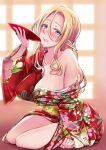  1girl bare_shoulders blonde_hair blue_eyes blush breasts collarbone cup dripping elf hair_between_eyes highres holding holding_cup huge_breasts japanese_clothes kuurunaitsu long_hair looking_at_viewer open_mouth original pointy_ears 