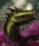  2021 digital_media_(artwork) green_body green_scales headshot_portrait hi_res horn muns11 portrait purple_clouds purple_eyes scales spines 