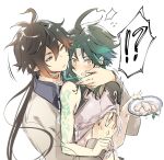  !? 2boys ahoge arm_tattoo bangs bare_shoulders black_hair blush brown_hair collared_shirt dropping eyebrows_visible_through_hair facial_mark food forehead_mark genshin_impact gradient_hair green_hair groping hair_between_eyes hand_on_another&#039;s_chest hand_on_another&#039;s_face hesobellyb holding holding_plate implied_yaoi jewelry long_hair long_sleeves male_focus multicolored_hair multiple_boys open_mouth parted_bangs plate shirt simple_background single_earring sleeveless spoon sweat tattoo tofu twitching utensil wide-eyed xiao_(genshin_impact) yellow_eyes zhongli_(genshin_impact) 