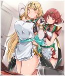  2girls apron blonde_hair blush breasts closed_mouth dual_persona gem hair_ornament headpiece highres jewelry kurokaze_no_sora large_breasts long_hair multiple_girls mythra_(xenoblade) nervous pyra_(xenoblade) red_eyes red_hair short_hair skindentation smile thighs tiara xenoblade_chronicles_(series) xenoblade_chronicles_2 yellow_eyes 