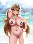  1girl animal_print areola_slip areolae arm_behind_head awesomeerix bangs beach bikini blonde_hair blush breasts chinese_zodiac cleavage closed_mouth cow_print hand_on_hip highres large_breasts long_hair looking_at_viewer micro_bikini mythra_(xenoblade) navel nintendo skindentation solo swept_bangs swimsuit underboob wide_hips xenoblade_chronicles_(series) xenoblade_chronicles_2 year_of_the_ox yellow_eyes 