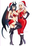  2girls ass bangs bare_shoulders belt bikini bikini_top black_belt black_footwear black_gloves black_legwear blue_eyes blue_hair boots borrowed_character breasts christmas collarbone colored_inner_hair dragon_girl dragon_horns dragon_tail dragon_wings elbow_gloves eyebrows_visible_through_hair full-length_zipper full_body fur-trimmed_bikini fur-trimmed_headwear fur_trim gloves gradient_hair grey_eyes hair_between_eyes hand_on_hip hat heterochromia high_heel_boots high_heels highres horns hug knee_boots large_breasts long_hair looking_at_viewer lulu-chan92 microskirt multicolored_hair multiple_girls navel no_bra original parted_bangs pink_hair pink_nails pointy_ears purple_hair red_bikini red_eyes red_headwear red_jumpsuit red_skirt santa_hat scar scar_across_eye simple_background skirt sleeveless standing standing_on_one_leg swimsuit tail thigh_boots thighhighs twitter_username unzipped very_long_hair white_background white_hair wings zipper zipper_pull_tab 