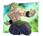  1boy abs absurdres bara black_eyes broly bulge dragon_ball green_hair highres large_pectorals male_focus medium_hair muscular muscular_male navel nipples pants scar scar_on_chest shirtless skin_tight solo spiked_hair stomach thick_thighs thighs tight tight_pants torawar 