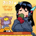  1boy 1girl 2021 asta_rindo black_hair bodysuit breasts english_commentary english_text food fruit gloves grey_sweater hands_up happy_new_year highres jitome kotatsu large_breasts long_hair long_sleeves mandarin_orange marker mixed-language_commentary neri_(rariatto) new_year original parted_lips rariatto_(ganguri) red_gloves ribbed_sweater robot_ears sipping steam sweater table 