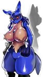  anthro anthrofied big_breasts blue_body blue_fur blush breasts female fur half-closed_eyes hi_res huge_breasts lucario narrowed_eyes nintendo omikuro pok&eacute;mon pok&eacute;mon_(species) red_eyes simple_background solo thick_thighs video_games white_background wide_hips 