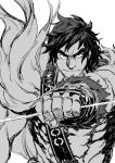  1boy abs bangs chest_harness fate/grand_order fate_(series) feather_boa frown greyscale harness kyo-ani_love looking_at_viewer male_focus messy_hair monochrome muscular muscular_male orion_(super_archer)_(fate) serious short_hair sketch solo stomach thick_eyebrows upper_body white_background 