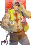 1boy abs animal_ears bara bare_pecs bare_shoulders beard blush brown_hair bulge chest_hair chinese_zodiac cow_ears cow_horns cow_tail cowboy_shot cropped_jacket eyewear_on_head facial_hair furry green_eyes grey_male_swimwear hairy highres horns large_pectorals male_focus male_swimwear mature_male minotaur muscular muscular_male navel navel_hair nipple_piercing nipple_rings nipples nose_piercing original piercing seato-hao short_hair smile solo stomach swim_trunks swimwear tail thick_thighs thighs year_of_the_ox 