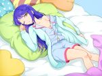  1girl ;o aikatsu!_(series) aikatsu_stars! aqua_sweater bare_legs bed_sheet blanket blue_background blue_hair blue_pajamas cardigan collarbone cowboy_shot hair_down half-closed_eyes heart heart_pillow kisaragi_tsubasa knees_together_feet_apart long_hair long_sleeves lying multicolored multicolored_clothes multicolored_hair multicolored_pajamas no_bra on_back on_bed on_pillow one_eye_closed open_cardigan open_clothes open_mouth pajamas pillow pink_pajamas purple_hair rubbing_eyes shirt_slip shorts simple_background sleepy solo streaked_hair unbuttoned unbuttoned_shirt under_covers waking_up yawning yellow_eyes yoban 