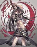  1boy bare_shoulders belt belt_buckle black_hair buckle guilty_gear guilty_gear_xx long_hair midriff oro_(sumakaita) red_eyes scythe skirt thigh_strap weapon 