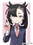  1girl asymmetrical_bangs bangs black_hair black_nails business_suit collared_shirt earrings formal green_eyes hair_ribbon highres jewelry marnie_(pokemon) medium_hair nail_polish necktie pokemon pokemon_(game) pokemon_swsh ribbon shirt smile suit teru_zeta twintails twitter_username v 