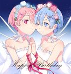  bare_arms bare_shoulders blue_background blue_eyes blue_hair breasts cheek-to-cheek choker dress gradient gradient_background hair_ornament hairband happy_birthday incest medium_breasts one_eye_closed pink_eyes pink_hair ram_(re:zero) re:zero_kara_hajimeru_isekai_seikatsu red_ribbon rem_(re:zero) ribbon ribbon_choker short_hair smile strapless strapless_dress tiny_(tini3030) upper_body wedding_dress white_background white_choker white_dress wife_and_wife x_hair_ornament yuri 