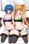  2girls ahoge ass_visible_through_thighs bangs bare_shoulders black_legwear black_ribbon blue_hair bra breasts cleavage closed_mouth collarbone commentary english_commentary green_bra green_panties hair_between_eyes hand_on_another&#039;s_hip hand_on_hip high_school_dxd indoors kneeling large_breasts light_smile lindaroze long_hair looking_at_viewer mirror multicolored_hair multiple_girls navel on_bed orange_hair panties patreon_username pink_eyes purple_bra purple_panties ribbon ring_hair_ornament shidou_irina streaked_hair thighhighs thighs twitter_username underwear underwear_only very_long_hair watermark web_address xenovia_quarta 