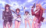  4girls animal_ears beretta_m1934 bottomless bunny_ears charlotte_e_yeager dog_ears dress francesca_lucchini gertrud_barkhorn gloves gun handgun luger_p08 m1911 military military_uniform miyafuji_yoshika multiple_girls muscular muscular_female nambu_type_14 pistol pointing pointing_up pointing_weapon sailor sailor_dress same_(carcharodon) strike_witches swimsuit underwear uniform weapon world_witches_series 