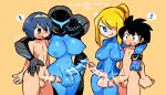  ! 2boys 2girls :q arm_around_shoulder armor bar_censor black_hair blonde_hair blue_eyes blue_hair blush_stickers bodysuit breasts censored closed_mouth clothed_female_nude_male covered_penis d: dark_samus erection fire_emblem futa_with_male futanari hair_over_one_eye hairband helmet hetero highres large_breasts long_hair marth_(fire_emblem) metroid mole mole_under_mouth multiple_boys multiple_girls multiple_penises nipples nude one_eye_covered open_mouth pauldrons penis ponytail rariatto_(ganguri) rockman rockman_(character) rockman_(classic) samus_aran shoulder_armor simple_background smile spoken_exclamation_mark standing super_smash_bros. sweat sweatdrop testicles tongue tongue_out wide-eyed yellow_background you_gonna_get_raped 