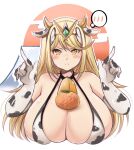  1girl alternate_costume animal_ears animal_print bangs bare_shoulders bell bikini blonde_hair blush breasts chinese_zodiac cleavage cow cow_ears cow_print elbow_gloves gem gloves hair_ornament headpiece highres huge_breasts jewelry kurokaze_no_sora large_breasts long_hair looking_at_viewer mythra_(xenoblade) nervous sideboob solo swept_bangs swimsuit tiara tsundere very_long_hair xenoblade_chronicles_(series) xenoblade_chronicles_2 year_of_the_ox yellow_eyes 