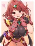  1girl breasts candy chocolate chocolate_heart earrings fingerless_gloves food gem gloves hair_ornament headpiece heart highres jewelry kurokaze_no_sora large_breasts leaning_forward looking_at_viewer pyra_(xenoblade) red_eyes red_hair short_hair skindentation solo tiara xenoblade_chronicles_(series) xenoblade_chronicles_2 