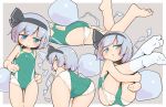  1girl ass blue_eyes blush cameltoe competition_swimsuit covered_navel feet green_swimsuit hairband highleg highleg_swimsuit highres hitodama konpaku_youmu konpaku_youmu_(ghost) leaning_back leaning_forward leg_hug legs legs_up looking_back lying on_stomach one-piece_swimsuit open_mouth panties panties_under_swimsuit panty_pull ribbon short_hair silver_hair sitting socks soles solo swimsuit thigh_gap thighs touhou turnip_kabura underwear white_footwear white_panties 