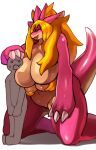  ambiguous_gender anthro big_breasts blonde_hair blush bodily_fluids breasts claws curvy_figure dragon female hair hi_res huge_breasts human human_on_anthro interspecies kneeling larger_anthro larger_female long_hair mammal multi_breast nude omikuro open_mouth pink_body pink_scales pubic_mound scales simple_background size_difference smaller_ambiguous smaller_human smile sweat voluptuous white_background wide_hips 