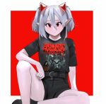  1boy 1girl belt black_legwear black_shorts breasts english_commentary eve_(kumaartsu) hair_between_eyes heavy_metal horns kumaartsu looking_at_viewer original pale_skin pointy_ears print_shirt red_horns shirt short_hair short_twintails shorts silver_hair sitting small_breasts socks spread_legs t-shirt twintails 