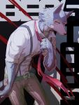  absurd_res anthro beastars belt bottomwear canid canine canis claw_marks clothed clothing detailed_background english_text half-closed_eyes hi_res legoshi_(beastars) looking_at_viewer male mammal narrowed_eyes necktie pants ro shadow solo standing suspenders text text_background wolf 