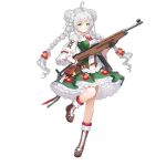  1girl 43m_(girls_frontline) boots bow braid breasts brown_gloves danuvia_43m dress floral_print flower girls_frontline gloves green_eyes gun hair_flower hair_ornament hungarian_clothes hungarian_flag looking_at_viewer medium_breasts official_art red_bow submachine_gun tamaxi twintails weapon white_hair 