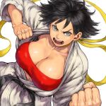  1girl bandeau belt black_belt black_hair breasts choker cleavage clenched_hand collarbone covered_nipples fingernails frown grey_eyes jacket large_breasts looking_at_viewer makoto_(street_fighter) open_mouth pants short_hair shu-mai simple_background solo street_fighter street_fighter_iii_(series) undressing v-shaped_eyebrows white_background white_jacket white_pants yellow_choker 