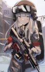 1girl absurdres assault_rifle backpack bag bangs blunt_bangs closed_mouth coat facial_mark gar32 girls_frontline gloves goggles goggles_on_headwear green_eyes grey_coat grey_hair gun h&amp;k_hk416 hair_ornament helmet highres hk416_(girls_frontline) holding holding_gun holding_weapon long_hair long_sleeves looking_at_viewer red_gloves rifle signature solo tom_clancy&#039;s_the_division trigger_discipline weapon 