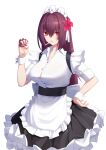  apron artist_request brass_knuckles breasts cigarette fate/grand_order fate_(series) flower hair_flower hair_ornament highres large_breasts long_hair looking_at_viewer maid maid_apron maid_headdress purple_hair red_eyes scathach_(fate) scathach_(fate)_(all) tagme weapon white_background 