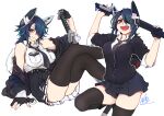  bare_shoulders black_legwear blue_hair breasts checkered checkered_neckwear collared_shirt crossed_legs dark_blue_hair eyepatch fang fur-trimmed_jacket fur_trim gloves headgear holding holding_sword holding_weapon jacket jacket_on_shoulders kantai_collection large_breasts legs_up looking_at_viewer miniskirt multiple_views necktie nmz_(namazu) open_mouth partially_fingerless_gloves personification pleated_skirt shirt short_hair simple_background skirt sleeveless sword sword_behind_back tenryuu_(kancolle) weapon white_background yellow_eyes 