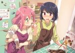  2girls apron bag blue_hair blush bowl can chocolate chocolate_on_fingers commentary finger_licking food green_eyes highres hotaru_iori indoors kagamihara_nadeshiko kitchen licking looking_at_another magazine magnet muffin multiple_girls open_mouth overalls pink_hair purple_eyes refrigerator refrigerator_magnet shima_rin shirt short_hair sparkling_eyes spiral_eyes sticky_note surprised sweat wavy_mouth whisk yuri yurucamp 