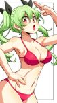  1girl anchovy_(girls_und_panzer) aono3 bangs bikini black_ribbon border breasts cleavage commentary cowboy_shot drill_hair eyebrows_visible_through_hair girls_und_panzer green_hair grey_border hair_ribbon hand_on_hip highres leaning_forward long_hair looking_at_viewer medium_breasts navel open_mouth red_bikini red_eyes ribbon salute solo standing swimsuit twin_drills twintails two-finger_salute white_background 