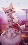  2021 anthro asian_clothing asian_mythology bell breasts canid canine clothing east_asian_clothing east_asian_mythology female fox fox_spirit fur genitals hi_res japanese_clothing looking_at_viewer mammal miko_outfit mythology nipples personalami pussy red_eyes ribbons shrine_maiden solo white_body white_fur 