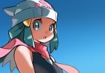  1girl bare_arms beanie black_shirt commentary dawn_(pokemon) eyelashes floating_scarf green_hair grey_eyes hair_ornament hairclip hat hyou_(hyouga617) long_hair looking_at_viewer open_mouth pink_scarf pokemon pokemon_(game) pokemon_dppt scarf shirt sleeveless sleeveless_shirt solo teeth tongue upper_body 