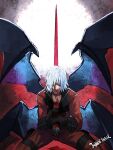  1boy bare_pecs bleeding blood blood_from_mouth blood_on_face bloody_weapon blue_eyes dante_(devil_may_cry) demon_wings devil_may_cry devil_may_cry_2 highres holding holding_weapon impaled juliewithaxe kneeling lower_teeth male_focus multiple_wings sitting solo stab sword teeth wariza weapon white_hair wings 