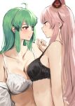  2girls ahoge bangs bare_shoulders black_bra blush bra breasts character_request cleavage collarbone copyright_request eye_contact green_hair hairband highres horns long_hair looking_at_another medium_breasts multiple_girls orihi_chihiro parted_lips pink_eyes pink_hair red_eyes simple_background smile underwear underwear_only upper_body white_background white_bra white_hairband 