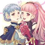  2girls :d bangs bare_shoulders blue_capelet blue_dress blue_hair box braid brown_eyes capelet commentary_request crown_braid dress earrings fire_emblem fire_emblem:_three_houses flower gloves hair_flower hair_ornament heart heart-shaped_box heart_of_string highres hilda_valentine_goneril holding holding_box hoop_earrings jewelry long_sleeves looking_at_viewer marianne_von_edmund mojakkoro multiple_girls open_mouth pink_eyes pink_flower pink_gloves pink_hair ribbon short_hair smile upper_body white_flower yellow_ribbon 