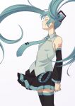  1girl armpit_crease arms_at_sides bangs bare_shoulders black_legwear black_skirt blue_hair blue_neckwear breasts clenched_hand closed_eyes closed_mouth clothes_lift collared_shirt detached_sleeves expressionless facing_away feet_out_of_frame floating_hair grey_shirt hatsune_miku legs_together light_blush long_hair necktie number_tattoo pleated_skirt profile shiny shiny_hair shirt shoulder_tattoo simple_background skirt skirt_lift sleeveless sleeveless_shirt small_breasts solo standing tattoo thighhighs torla16 twintails underboob vocaloid white_background zettai_ryouiki 