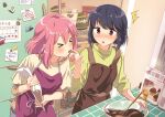  &gt;_&lt; 2girls apron bag blue_hair blush bowl can chocolate chocolate_on_fingers closed_eyes commentary finger_licking food highres hotaru_iori indoors kagamihara_nadeshiko kitchen licking looking_at_another magazine magnet muffin multiple_girls open_mouth overalls pink_hair purple_eyes refrigerator refrigerator_magnet shima_rin shirt short_hair sticky_note surprised sweat whisk yuri yurucamp 