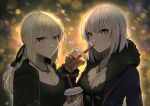  2girls alternate_hairstyle artoria_pendragon_(all) backlighting black_dress black_ribbon blonde_hair blue_coat blurry blurry_background blush breasts bubble_tea cleavage coat cup disposable_cup dress drinking_straw english_commentary fate/grand_order fate_(series) fur_trim hair_ribbon highres hood hood_down hoodie jeanne_d&#039;arc_(alter)_(fate) jeanne_d&#039;arc_(fate)_(all) jet_black_king_of_knights_ver._shinjuku_1999 jewelry kumaartsu low_ponytail medium_breasts medium_hair multiple_girls necklace night open_clothes open_coat open_hoodie pixiv_fate/grand_order_contest_1 ribbon saber_alter short_hair silver_hair standing upper_body wicked_dragon_witch_ver._shinjuku_1999 yellow_eyes 