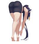  1girl alternate_costume artist_name ass bare_legs bare_shoulders barefoot bl/ess from_behind full_body gradient_hair highres hololive hololive_english long_hair multicolored_hair ninomae_ina&#039;nis purple_hair signature simple_background solo stretch tentacle_hair thighs white_background 