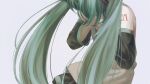  1girl aqua_hair bare_shoulders black_skirt close-up commentary_request covering_face detached_sleeves grey_background grey_shirt hair_over_eyes hands_on_own_face hands_up hatsune_miku leaning_forward long_hair muted_color number_tattoo pleated_skirt realistic romaji_commentary shirt shoulder_tattoo simple_background skirt sleeveless sleeveless_shirt solo straight_hair tattoo torla16 twintails upper_body very_long_hair vocaloid 