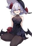 1girl :d alternate_costume bangs banned_artist bare_arms bare_shoulders bat_wings black_dress black_headwear black_legwear black_wings breasts collarbone commentary_request covered_collarbone dress earrings fangs flower grey_hair hair_between_eyes jewelry looking_at_viewer low_wings medium_breasts one_side_up open_mouth pantyhose pointy_ears red_eyes red_flower red_rose remilia_scarlet rose seiza simple_background sitting sleeveless sleeveless_dress smile solo tilted_headwear touhou white_background wings zairen 