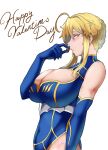  1girl absurdres artoria_pendragon_(all) artoria_pendragon_(lancer)_(fate) bangs bare_shoulders blonde_hair blue_gloves blue_leotard blush braid breasts chocolate cleavage cleavage_cutout clothing_cutout elbow_gloves fate/grand_order fate_(series) french_braid gloves green_eyes hair_between_eyes happy_valentine highleg highleg_leotard highres huge_breasts leotard long_hair looking_at_viewer love-saber parted_lips sidelocks white_background 